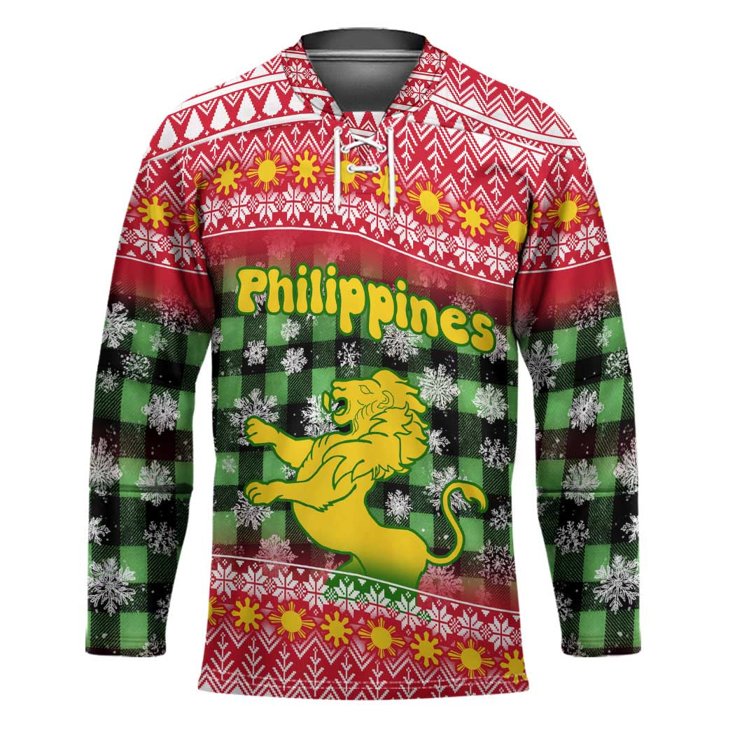 Philippines Christmas Hockey Jersey with Red-Green Plaid Design, Yellow Lion, and National Coat of Arms Motif - Wonder Print Shop