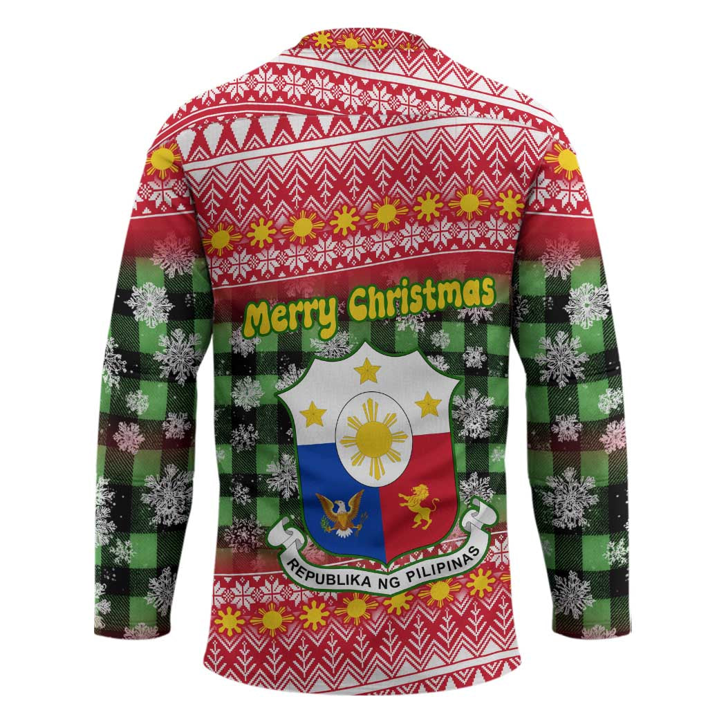 Philippines Christmas Hockey Jersey with Red-Green Plaid Design, Yellow Lion, and National Coat of Arms Motif - Wonder Print Shop