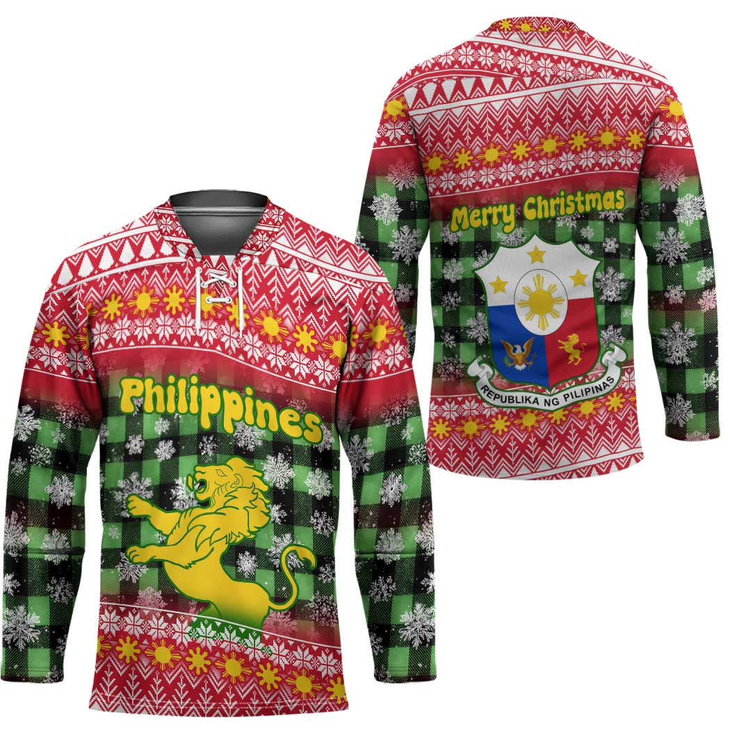 Philippines Christmas Hockey Jersey with Red-Green Plaid Design, Yellow Lion, and National Coat of Arms Motif - Wonder Print Shop