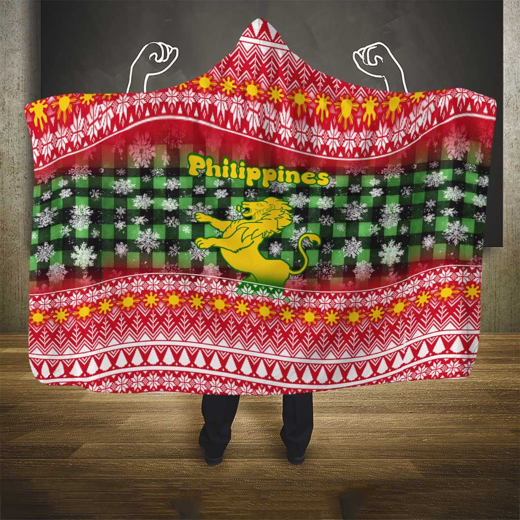 Philippines Christmas Hooded Blanket with Red-Green Plaid Design, Yellow Lion, and National Coat of Arms Motif - Wonder Print Shop
