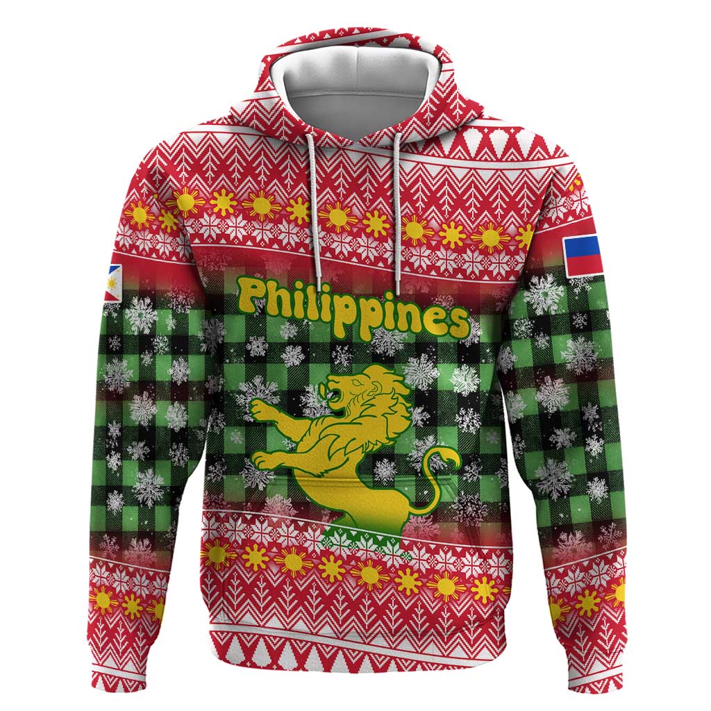 Philippines Christmas Hoodie with Red-Green Plaid Design, Yellow Lion, and National Coat of Arms Motif - Wonder Print Shop