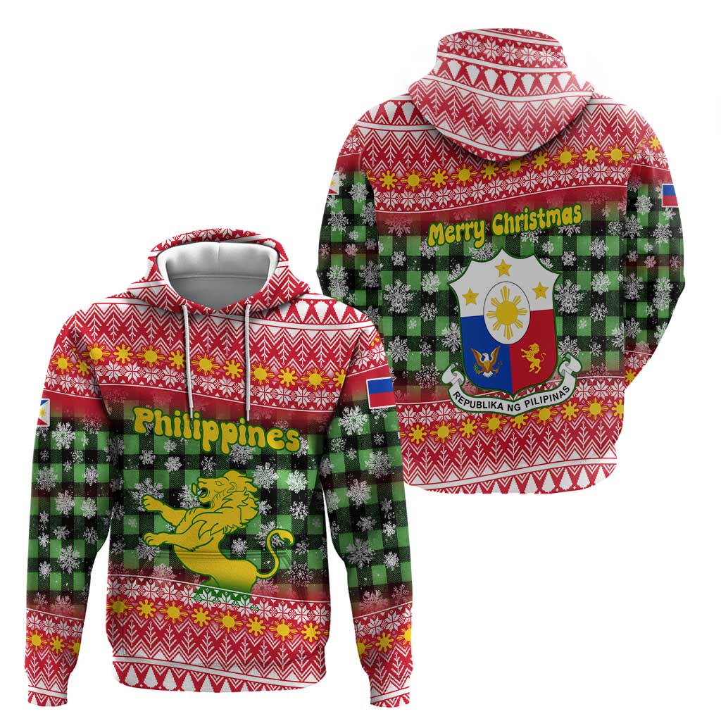 Philippines Christmas Hoodie with Red-Green Plaid Design, Yellow Lion, and National Coat of Arms Motif - Wonder Print Shop