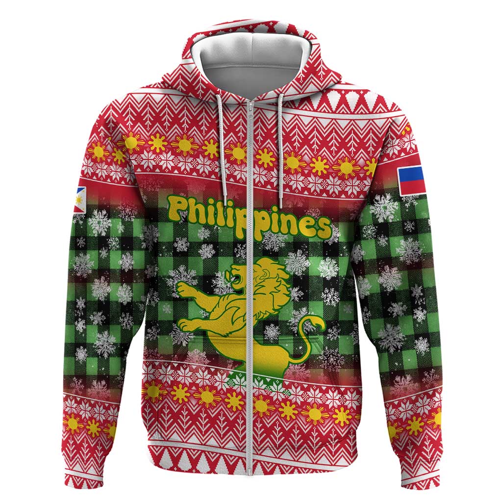 Philippines Christmas Hoodie with Red-Green Plaid Design, Yellow Lion, and National Coat of Arms Motif - Wonder Print Shop