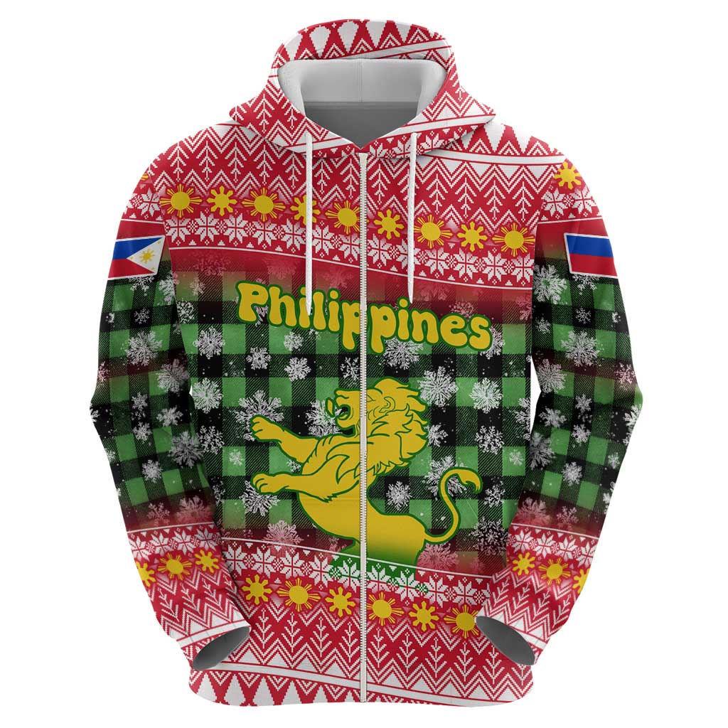 Philippines Christmas Hoodie with Red-Green Plaid Design, Yellow Lion, and National Coat of Arms Motif - Wonder Print Shop