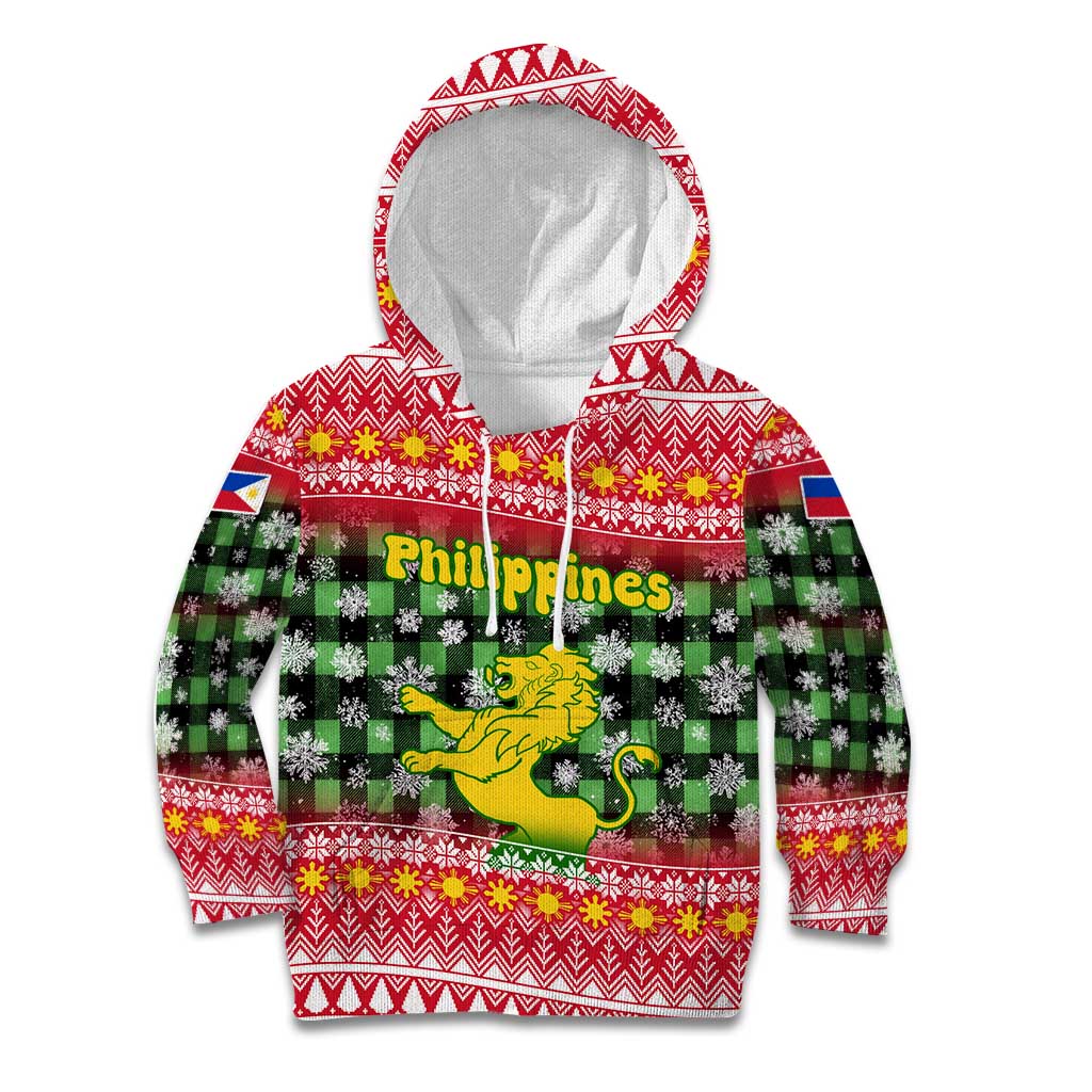 Philippines Christmas Kid Hoodie with Red-Green Plaid Design, Yellow Lion, and National Coat of Arms Motif - Wonder Print Shop