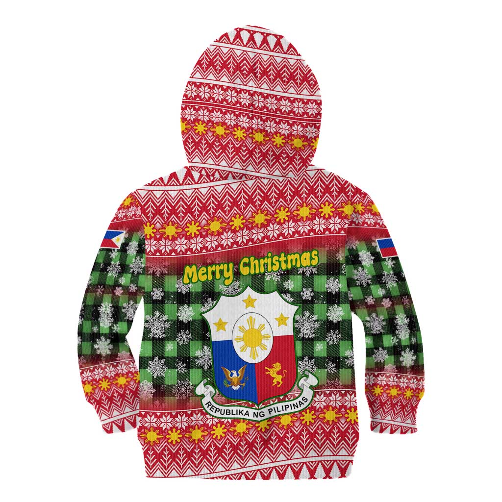 Philippines Christmas Kid Hoodie with Red-Green Plaid Design, Yellow Lion, and National Coat of Arms Motif - Wonder Print Shop