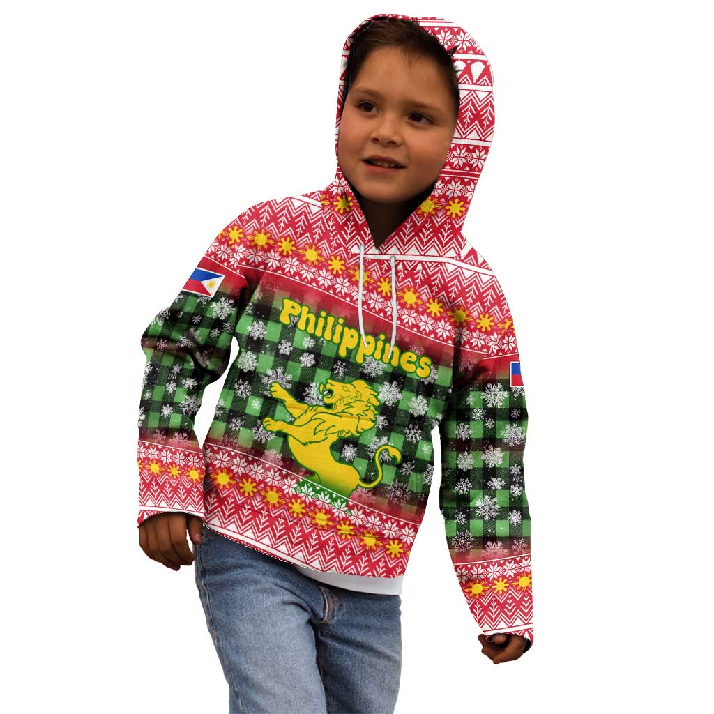 Philippines Christmas Kid Hoodie with Red-Green Plaid Design, Yellow Lion, and National Coat of Arms Motif - Wonder Print Shop