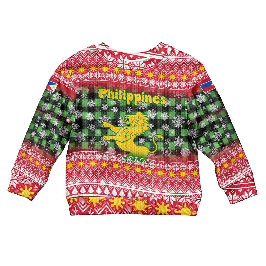 Philippines Christmas Kid Ugly Christmas Sweater with Red-Green Plaid Design, Yellow Lion, and National Coat of Arms Motif - Wonder Print Shop