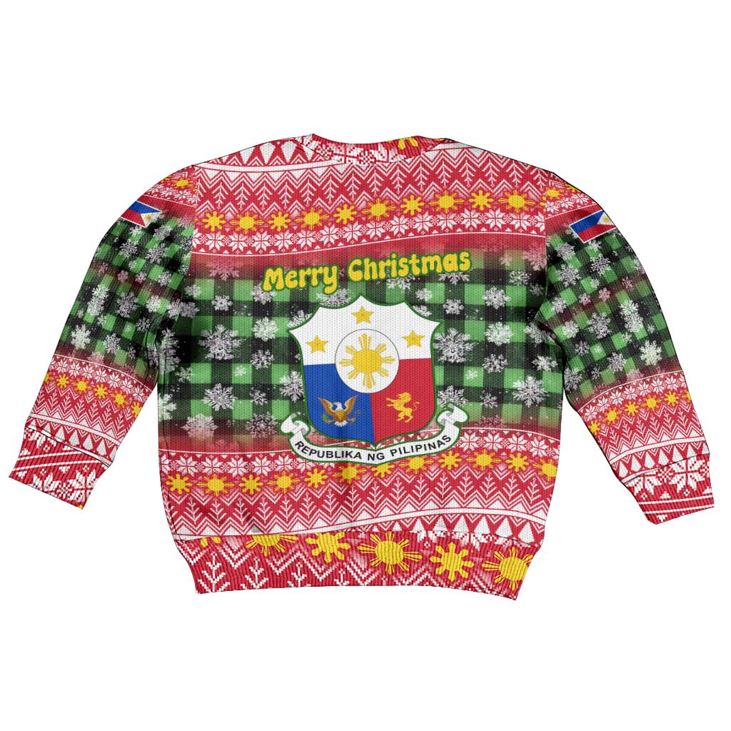 Philippines Christmas Kid Ugly Christmas Sweater with Red-Green Plaid Design, Yellow Lion, and National Coat of Arms Motif - Wonder Print Shop
