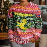 Philippines Christmas Kid Ugly Christmas Sweater with Red-Green Plaid Design, Yellow Lion, and National Coat of Arms Motif - Wonder Print Shop