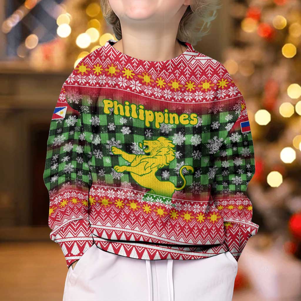 Philippines Christmas Kid Ugly Christmas Sweater with Red-Green Plaid Design, Yellow Lion, and National Coat of Arms Motif - Wonder Print Shop
