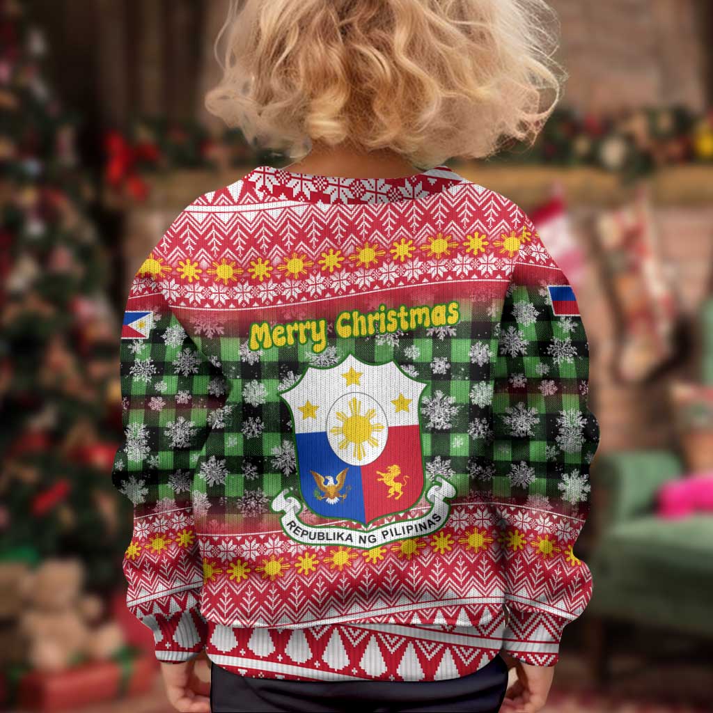 Philippines Christmas Kid Ugly Christmas Sweater with Red-Green Plaid Design, Yellow Lion, and National Coat of Arms Motif - Wonder Print Shop