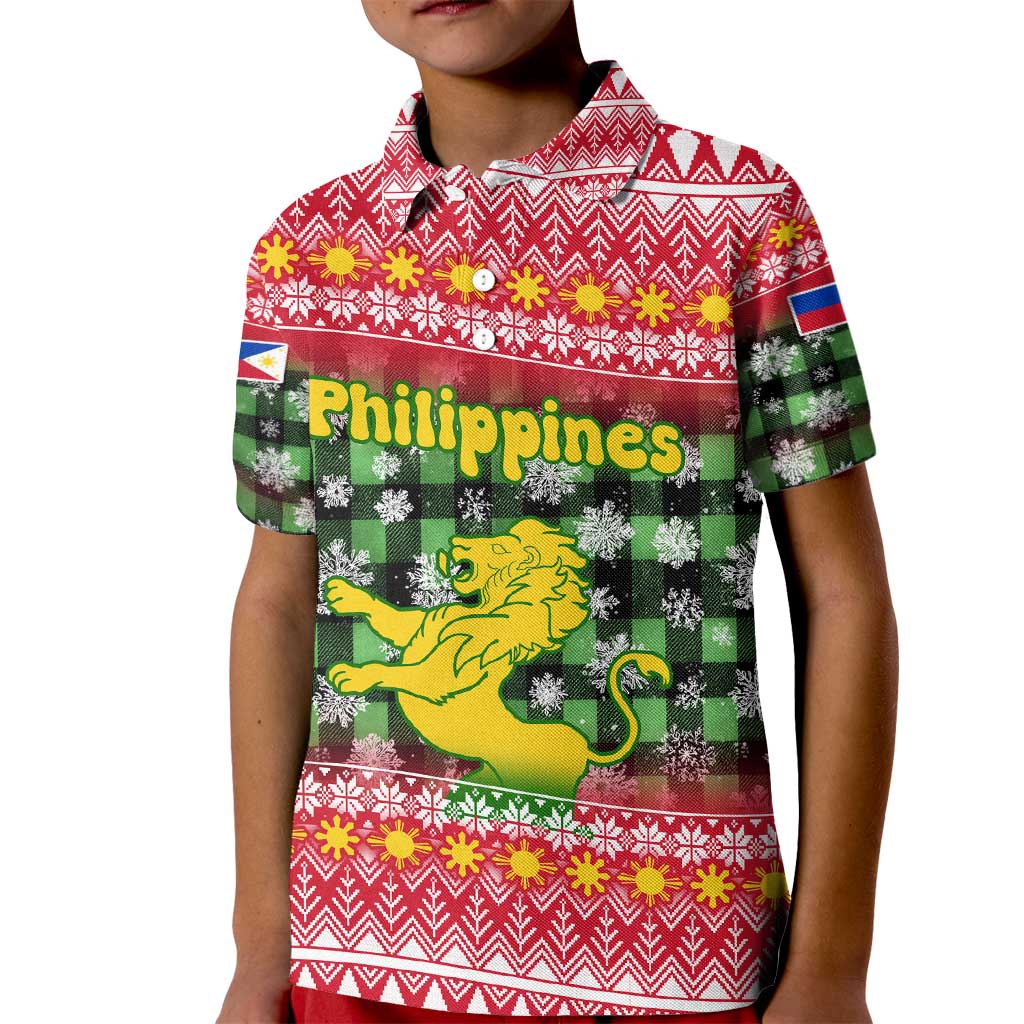 Philippines Christmas Kid Polo Shirt with Red-Green Plaid Design, Yellow Lion, and National Coat of Arms Motif - Wonder Print Shop