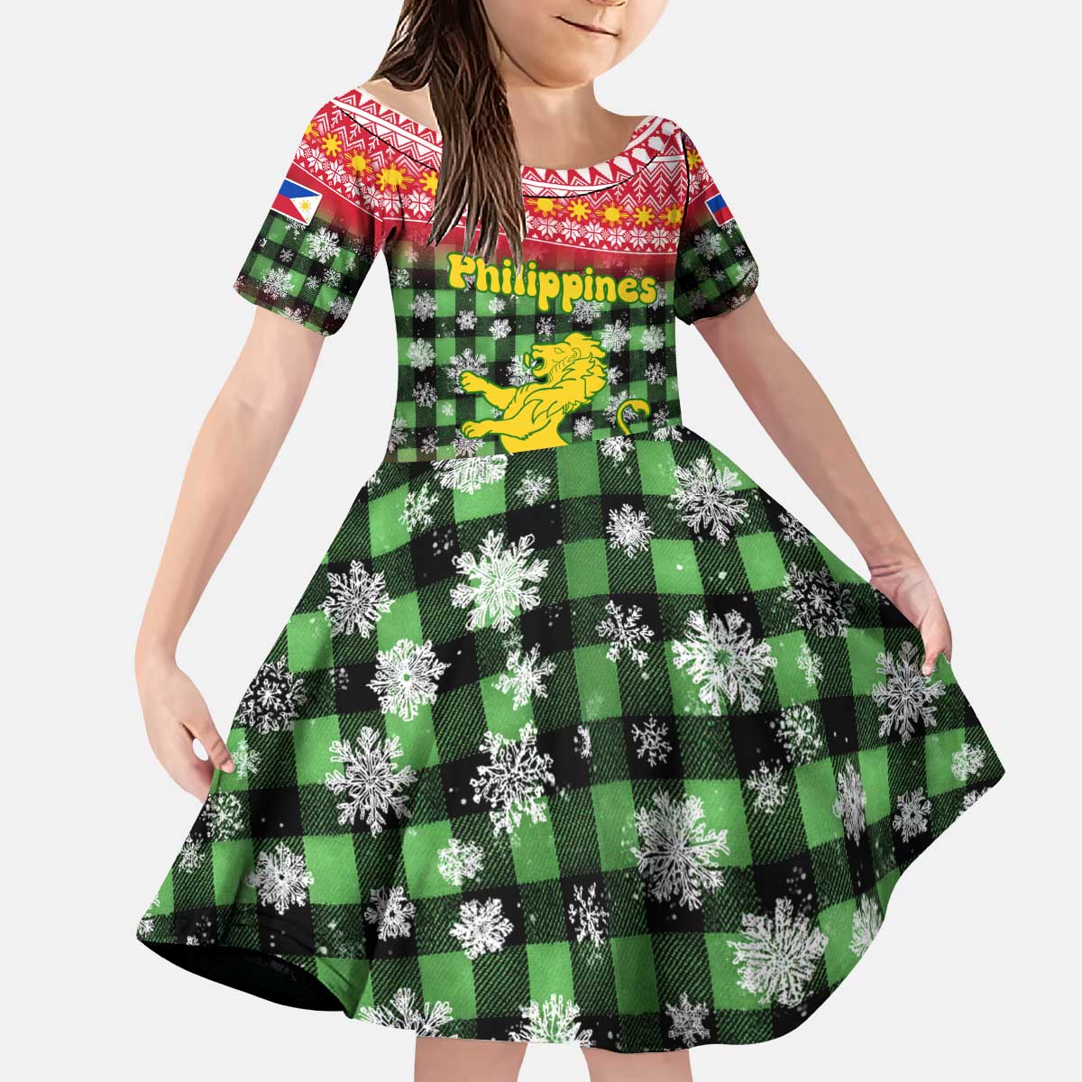 Philippines Christmas Kid Short Sleeve Dress with Red-Green Plaid Design, Yellow Lion, and National Coat of Arms Motif - Wonder Print Shop