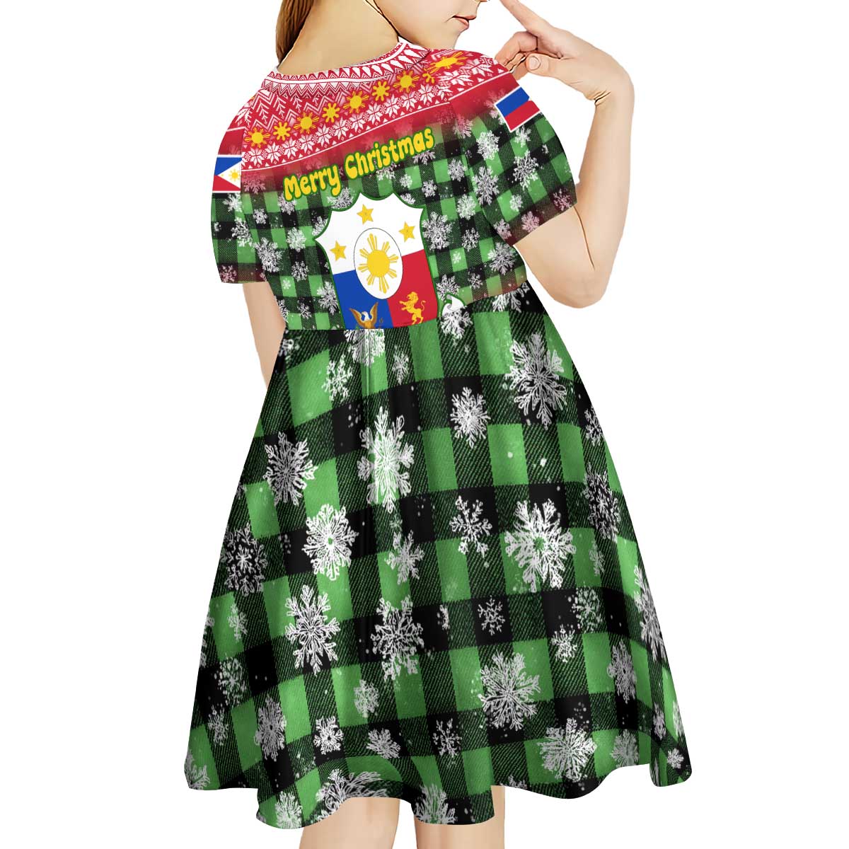 Philippines Christmas Kid Short Sleeve Dress with Red-Green Plaid Design, Yellow Lion, and National Coat of Arms Motif - Wonder Print Shop