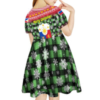 Philippines Christmas Kid Short Sleeve Dress with Red-Green Plaid Design, Yellow Lion, and National Coat of Arms Motif - Wonder Print Shop