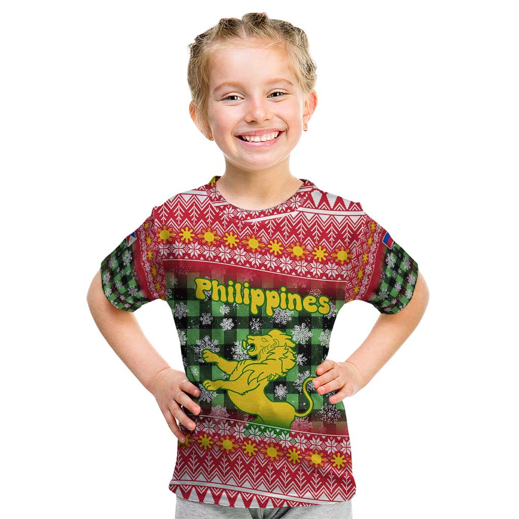 Philippines Christmas Kid T Shirt with Red-Green Plaid Design, Yellow Lion, and National Coat of Arms Motif - Wonder Print Shop
