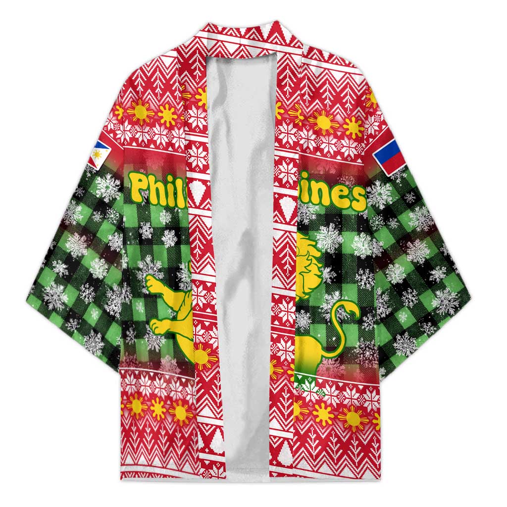 Philippines Christmas Kimono with Red-Green Plaid Design, Yellow Lion, and National Coat of Arms Motif - Wonder Print Shop