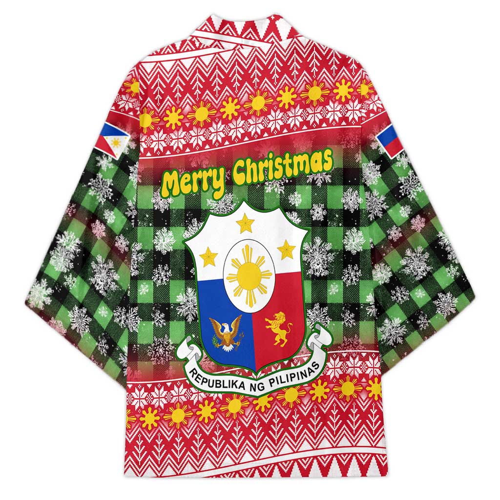 Philippines Christmas Kimono with Red-Green Plaid Design, Yellow Lion, and National Coat of Arms Motif - Wonder Print Shop