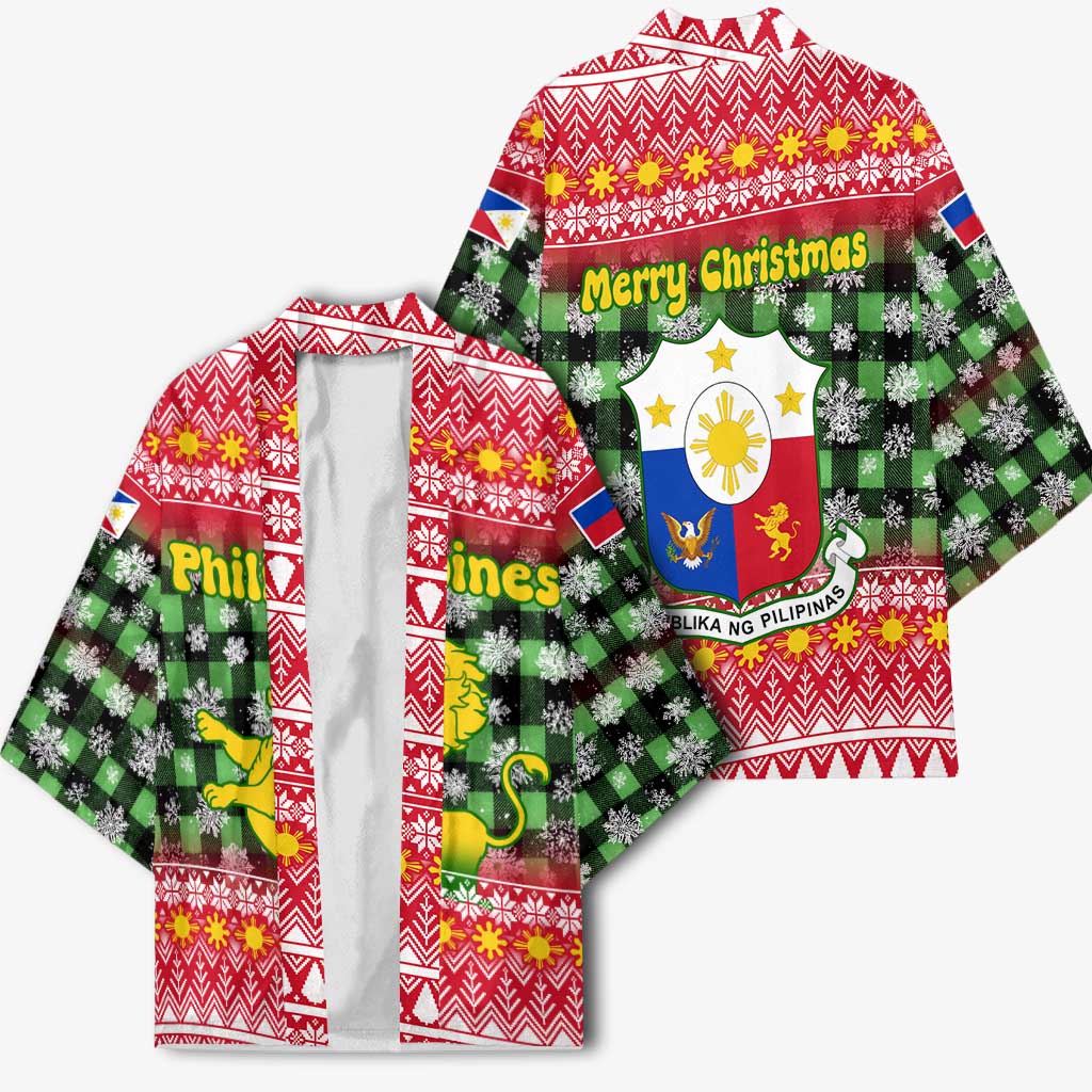 Philippines Christmas Kimono with Red-Green Plaid Design, Yellow Lion, and National Coat of Arms Motif - Wonder Print Shop