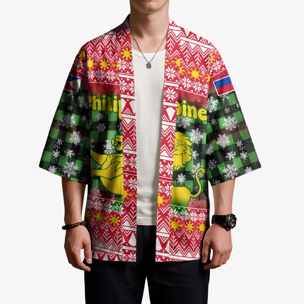 Philippines Christmas Kimono with Red-Green Plaid Design, Yellow Lion, and National Coat of Arms Motif - Wonder Print Shop