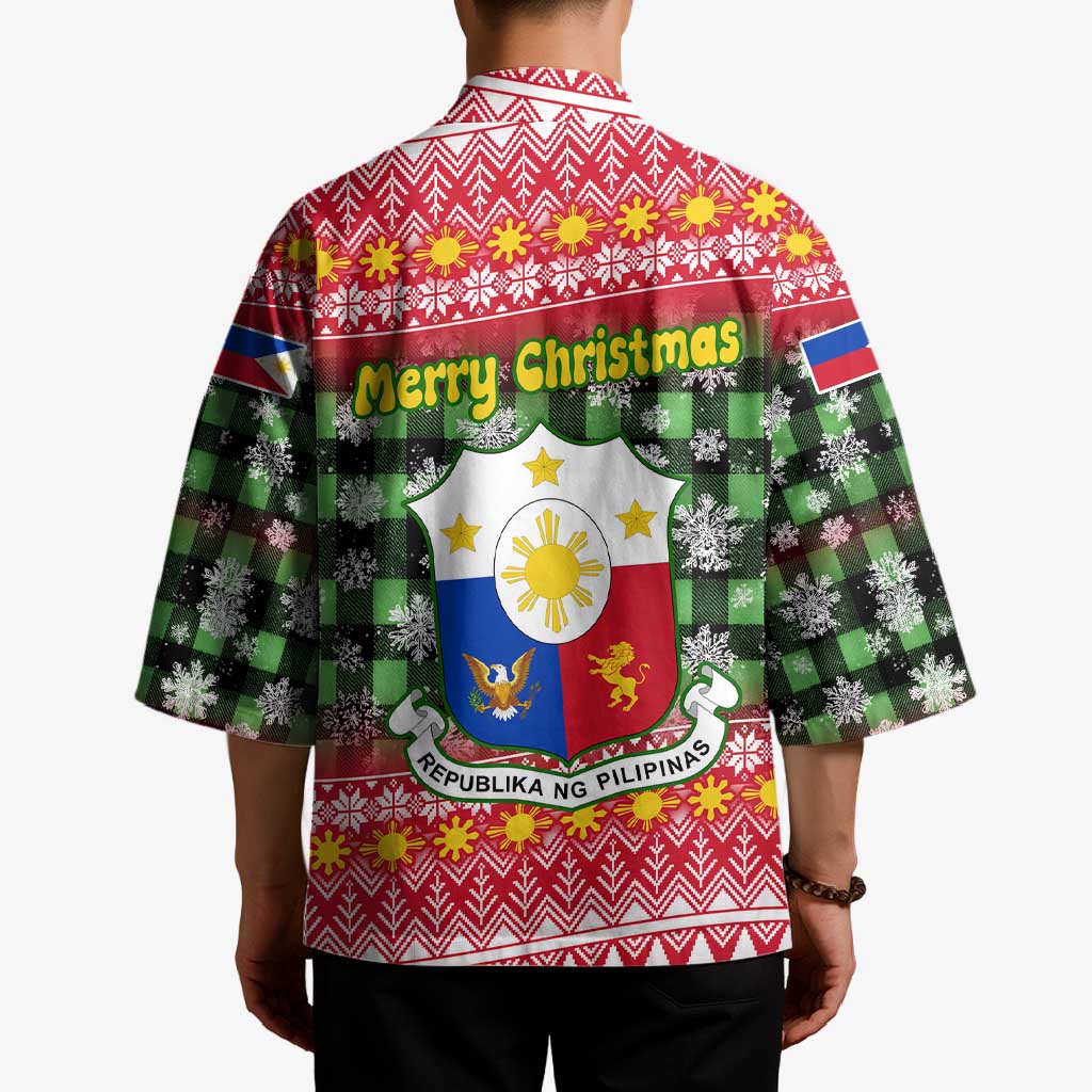 Philippines Christmas Kimono with Red-Green Plaid Design, Yellow Lion, and National Coat of Arms Motif - Wonder Print Shop