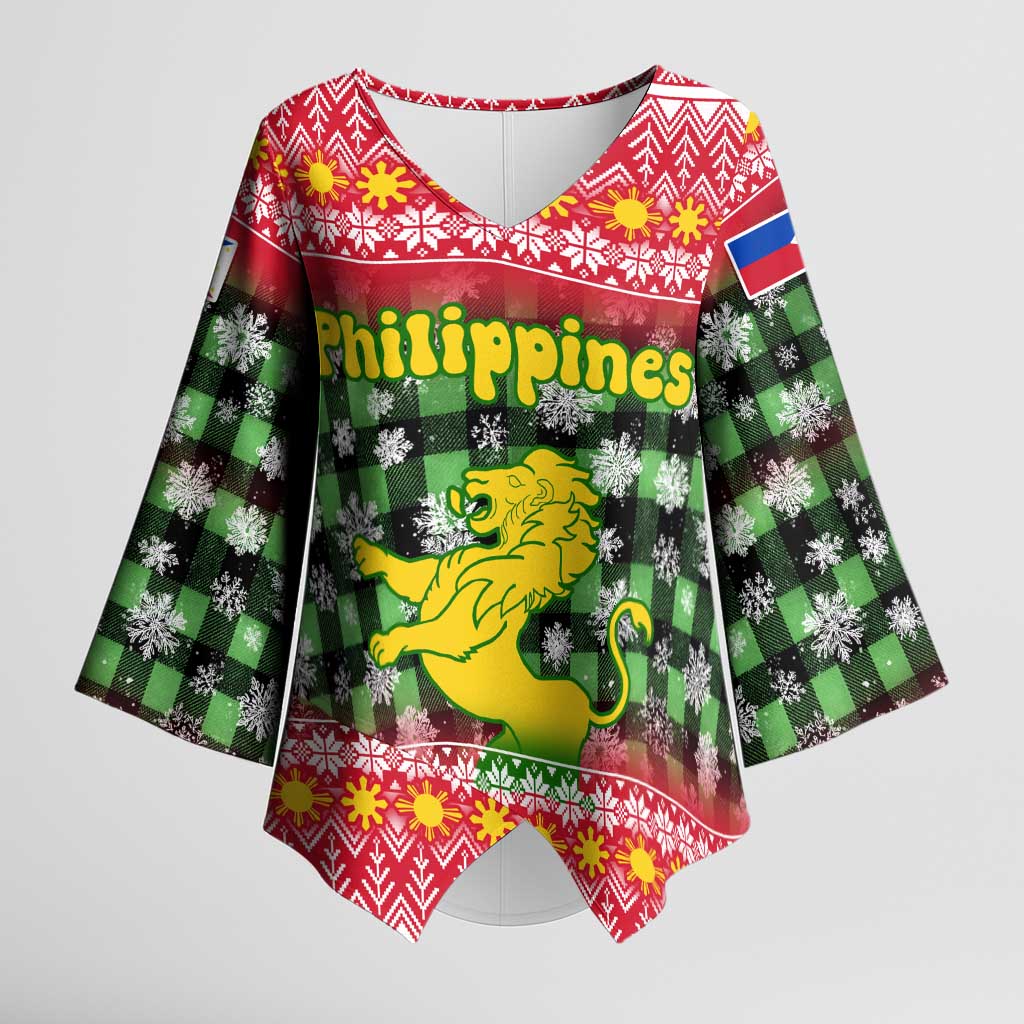 Philippines Christmas Kimono Sleeve Blouse with Red-Green Plaid Design, Yellow Lion, and National Coat of Arms Motif - Wonder Print Shop