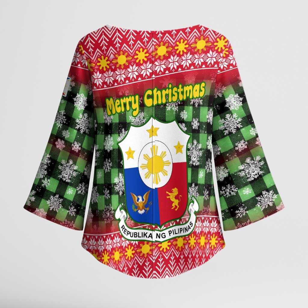 Philippines Christmas Kimono Sleeve Blouse with Red-Green Plaid Design, Yellow Lion, and National Coat of Arms Motif - Wonder Print Shop