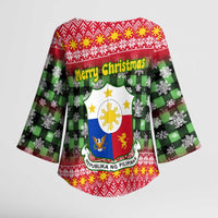 Philippines Christmas Kimono Sleeve Blouse with Red-Green Plaid Design, Yellow Lion, and National Coat of Arms Motif - Wonder Print Shop