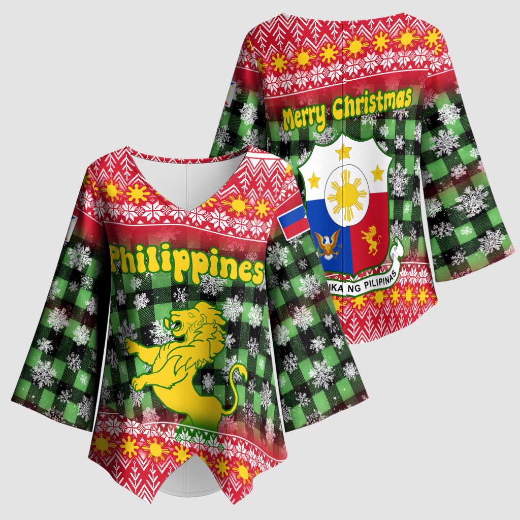 Philippines Christmas Kimono Sleeve Blouse with Red-Green Plaid Design, Yellow Lion, and National Coat of Arms Motif - Wonder Print Shop