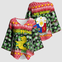 Philippines Christmas Kimono Sleeve Blouse with Red-Green Plaid Design, Yellow Lion, and National Coat of Arms Motif - Wonder Print Shop