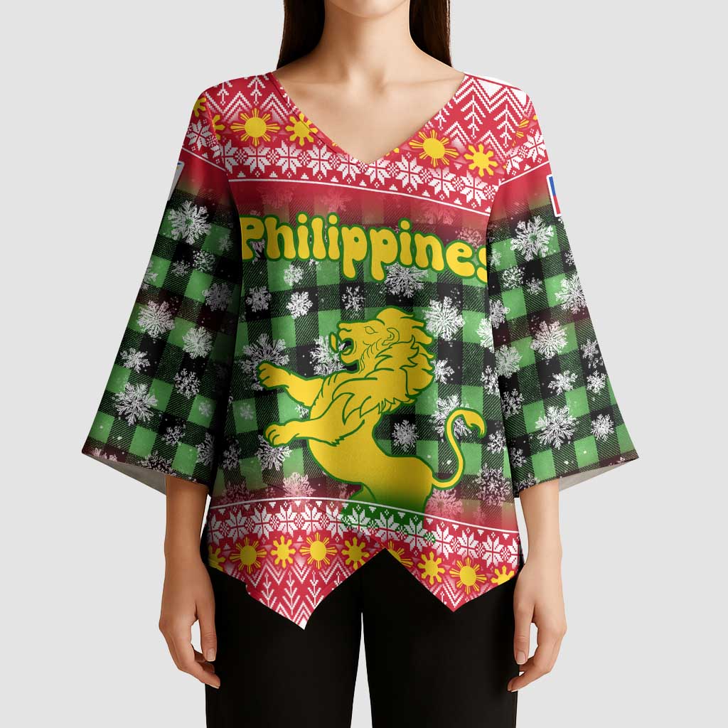 Philippines Christmas Kimono Sleeve Blouse with Red-Green Plaid Design, Yellow Lion, and National Coat of Arms Motif - Wonder Print Shop