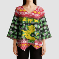 Philippines Christmas Kimono Sleeve Blouse with Red-Green Plaid Design, Yellow Lion, and National Coat of Arms Motif - Wonder Print Shop