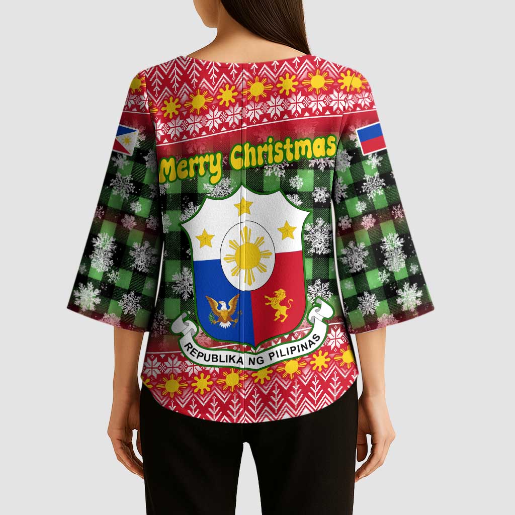 Philippines Christmas Kimono Sleeve Blouse with Red-Green Plaid Design, Yellow Lion, and National Coat of Arms Motif - Wonder Print Shop