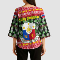 Philippines Christmas Kimono Sleeve Blouse with Red-Green Plaid Design, Yellow Lion, and National Coat of Arms Motif - Wonder Print Shop