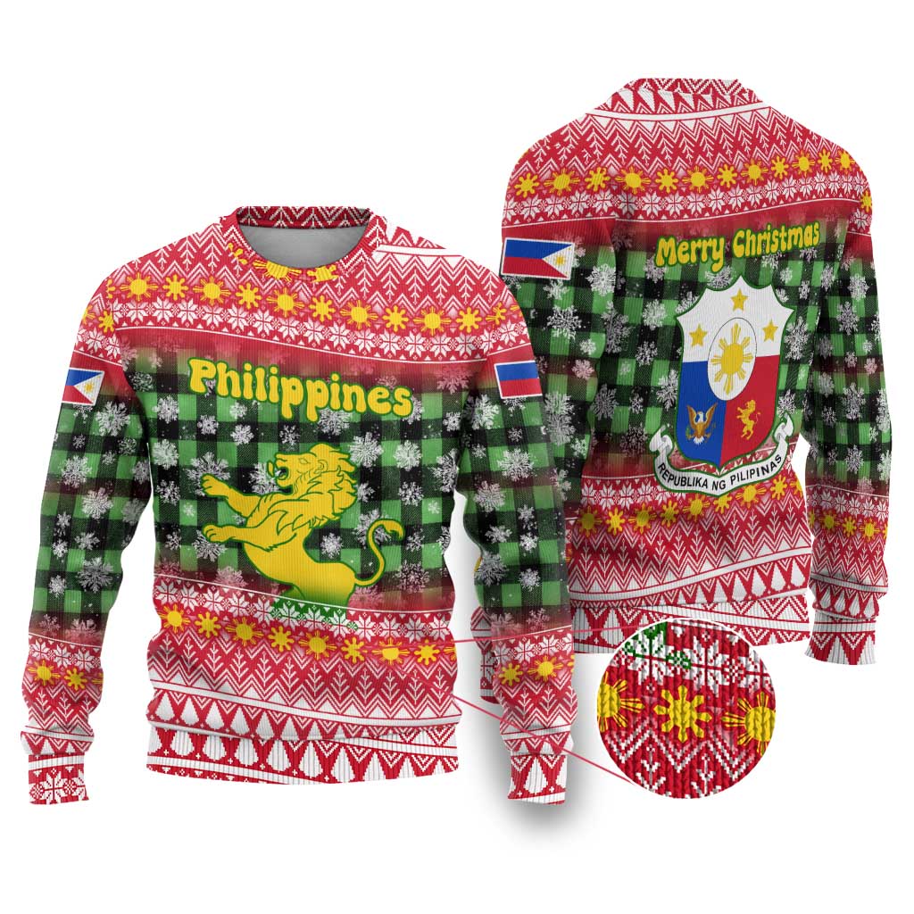 Philippines Christmas Ugly Christmas Sweater with Red-Green Plaid Design, Yellow Lion, and National Coat of Arms Motif - Wonder Print Shop