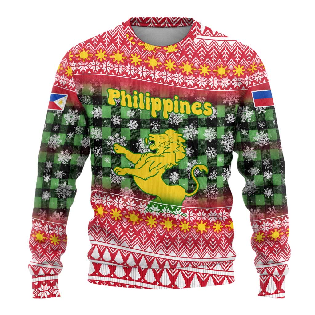 Philippines Christmas Ugly Christmas Sweater with Red-Green Plaid Design, Yellow Lion, and National Coat of Arms Motif - Wonder Print Shop