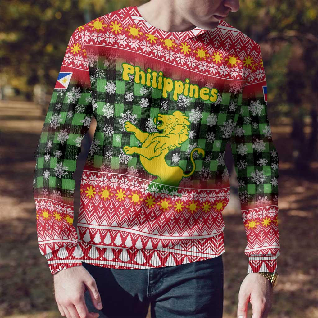 Philippines Christmas Ugly Christmas Sweater with Red-Green Plaid Design, Yellow Lion, and National Coat of Arms Motif - Wonder Print Shop