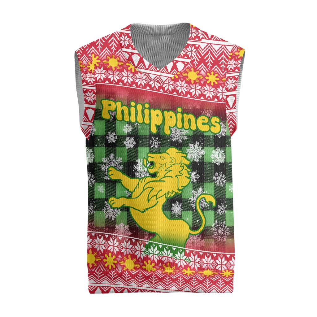 Philippines Christmas Knitted V-Neck Vest with Red-Green Plaid Design, Yellow Lion, and National Coat of Arms Motif - Wonder Print Shop