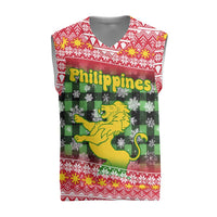 Philippines Christmas Knitted V-Neck Vest with Red-Green Plaid Design, Yellow Lion, and National Coat of Arms Motif - Wonder Print Shop