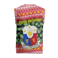 Philippines Christmas Knitted V-Neck Vest with Red-Green Plaid Design, Yellow Lion, and National Coat of Arms Motif - Wonder Print Shop