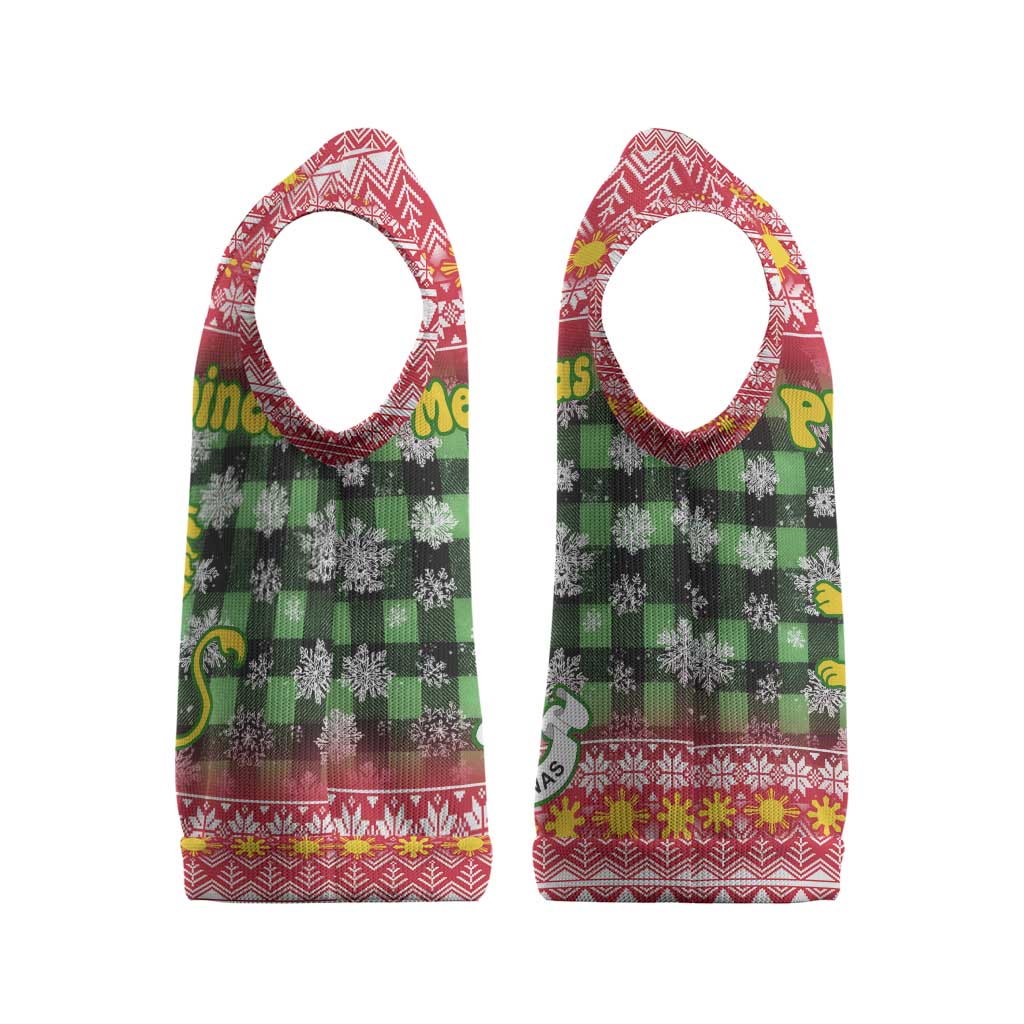 Philippines Christmas Knitted V-Neck Vest with Red-Green Plaid Design, Yellow Lion, and National Coat of Arms Motif - Wonder Print Shop