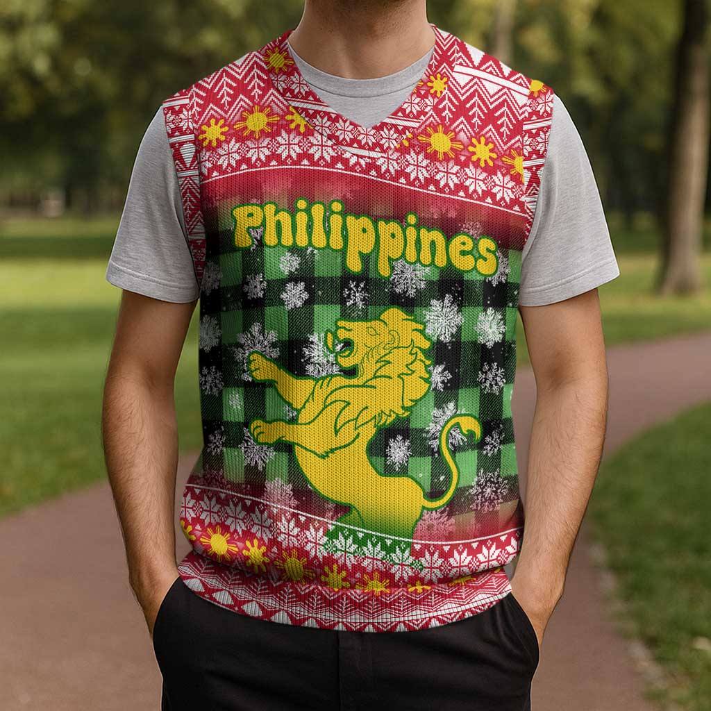 Philippines Christmas Knitted V-Neck Vest with Red-Green Plaid Design, Yellow Lion, and National Coat of Arms Motif - Wonder Print Shop