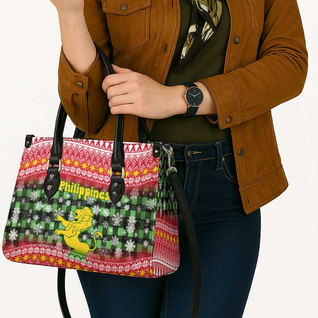 Philippines Christmas Leather Bag with Red-Green Plaid Design, Yellow Lion, and National Coat of Arms Motif - Wonder Print Shop