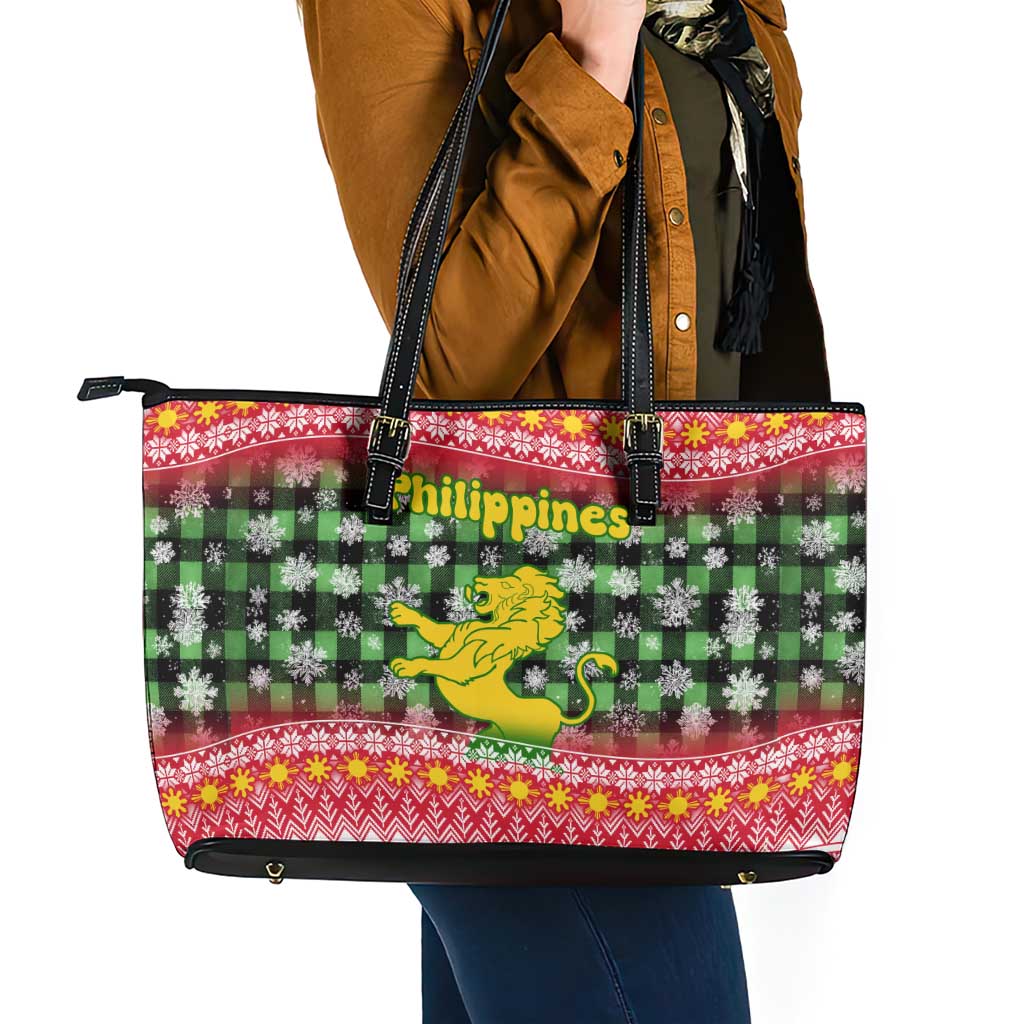 Philippines Christmas Leather Tote Bag with Red-Green Plaid Design, Yellow Lion, and National Coat of Arms Motif - Wonder Print Shop