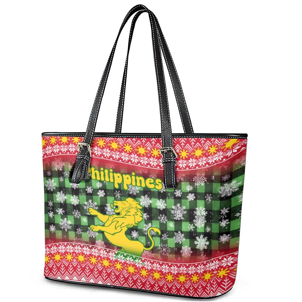 Philippines Christmas Leather Tote Bag with Red-Green Plaid Design, Yellow Lion, and National Coat of Arms Motif - Wonder Print Shop