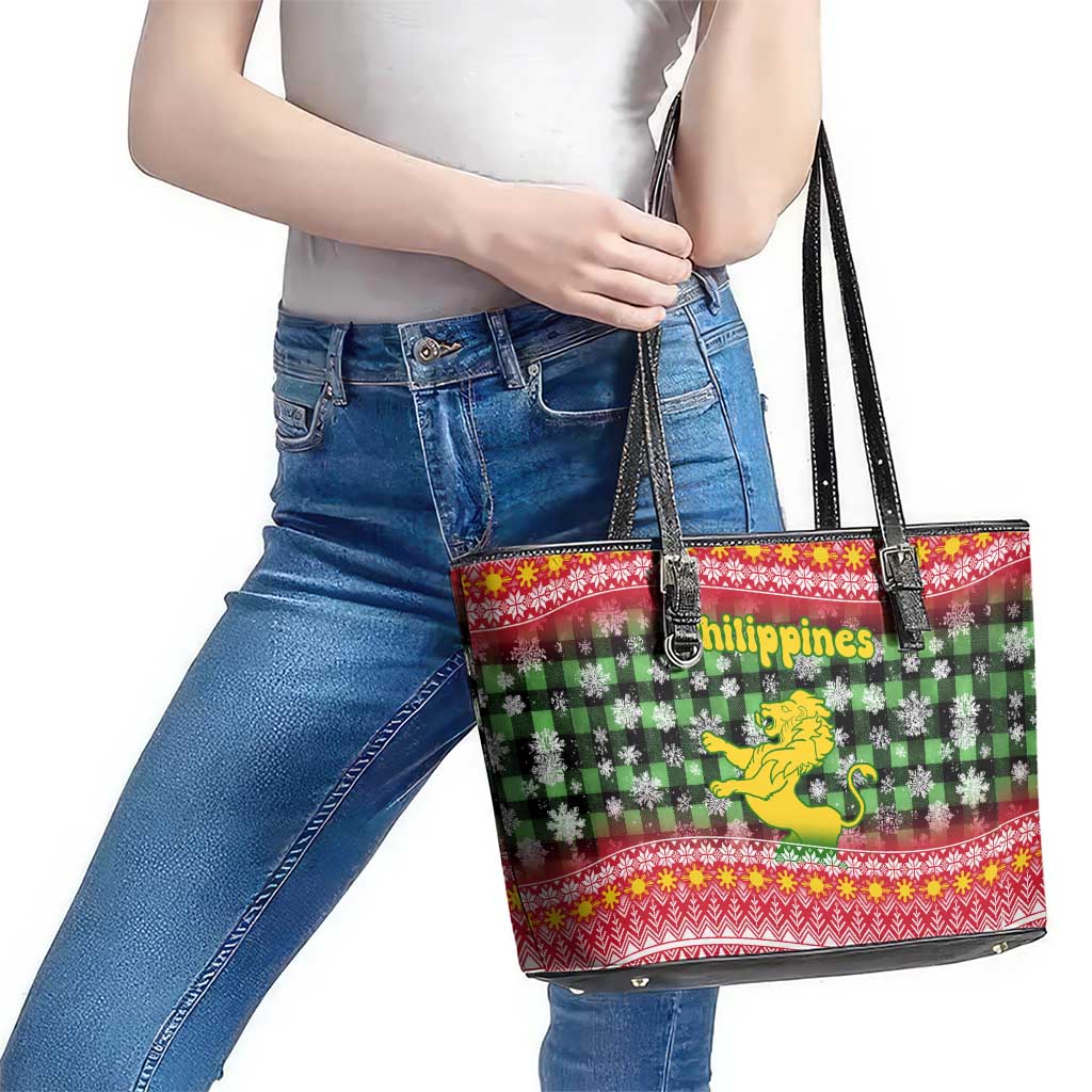 Philippines Christmas Leather Tote Bag with Red-Green Plaid Design, Yellow Lion, and National Coat of Arms Motif - Wonder Print Shop