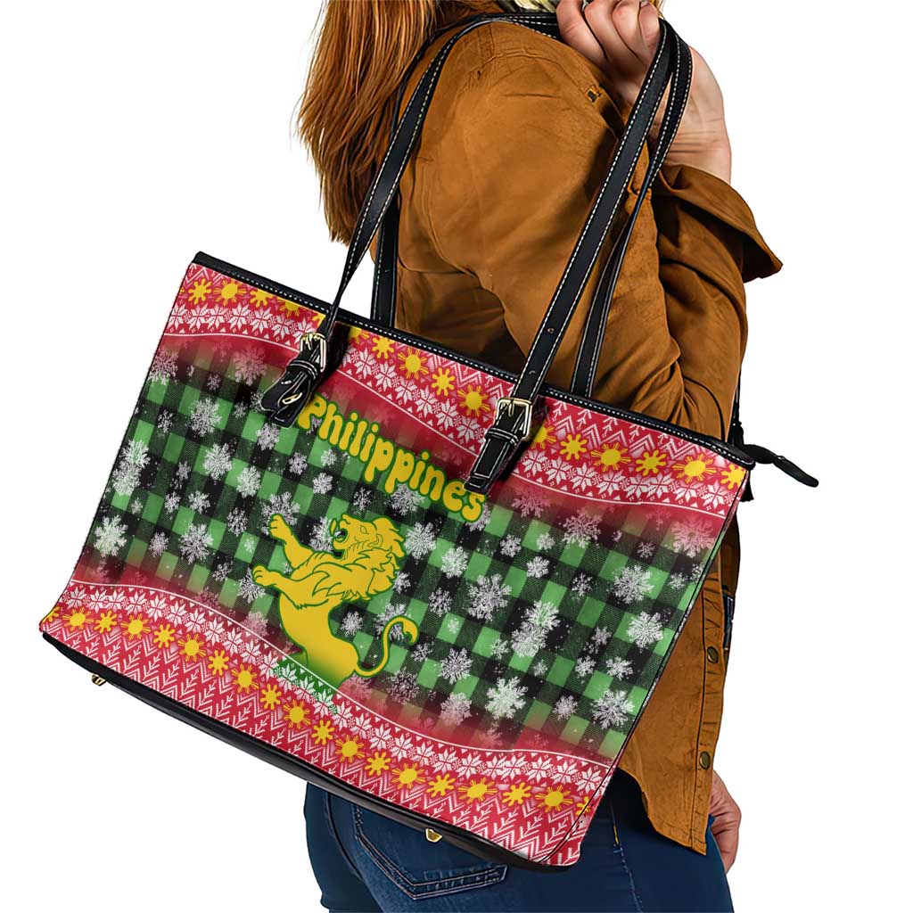 Philippines Christmas Leather Tote Bag with Red-Green Plaid Design, Yellow Lion, and National Coat of Arms Motif - Wonder Print Shop