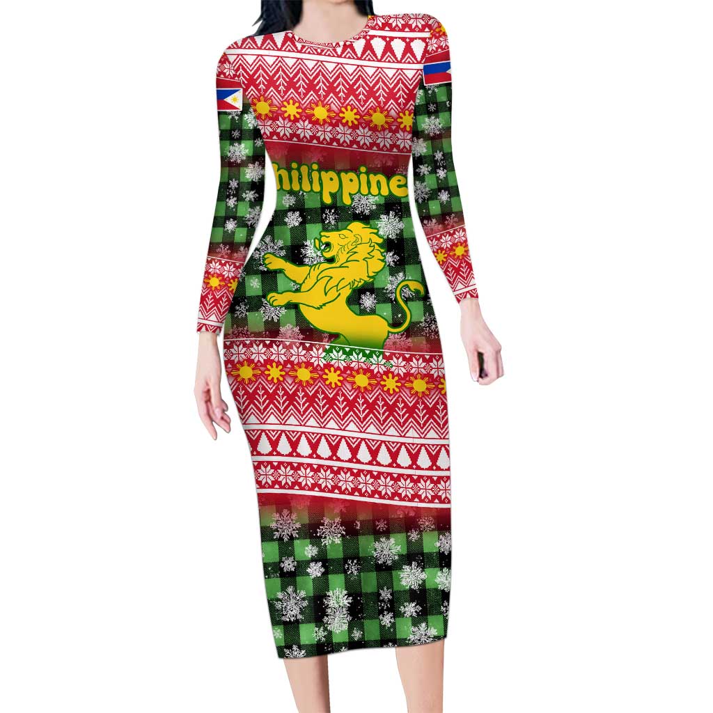 Philippines Christmas Long Sleeve Bodycon Dress with Red-Green Plaid Design, Yellow Lion, and National Coat of Arms Motif - Wonder Print Shop