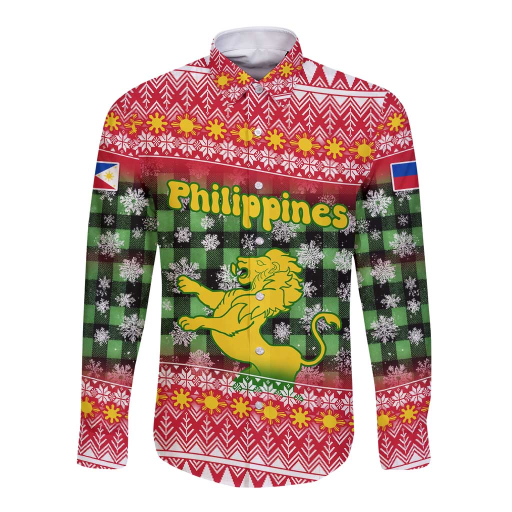 Philippines Christmas Long Sleeve Button Shirt with Red-Green Plaid Design, Yellow Lion, and National Coat of Arms Motif - Wonder Print Shop